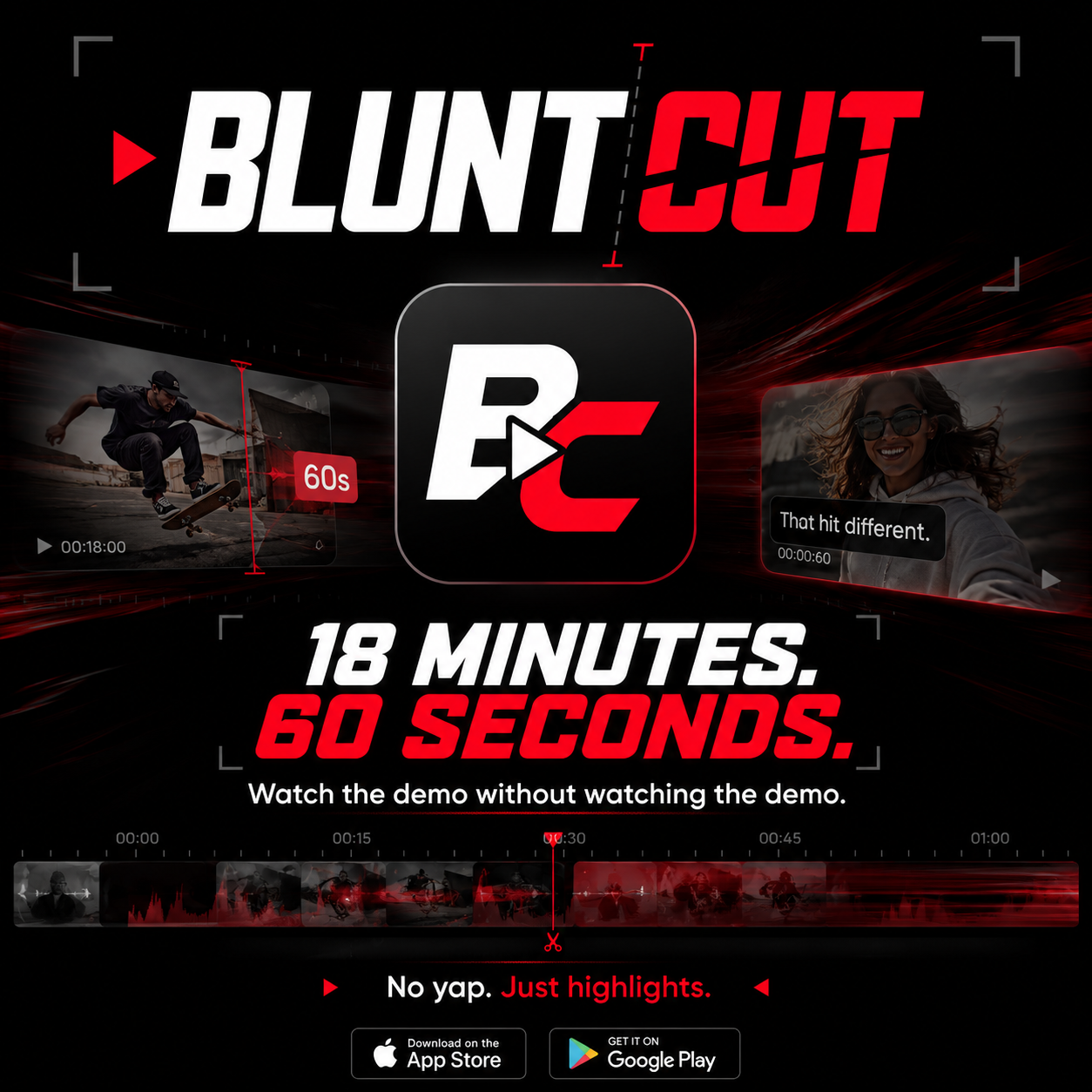 BLUNT CUT launch graphic showing 18 minutes converted into 60 seconds